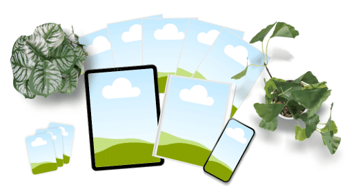 Verschiedene digitale Bildformate auf einem grünen Hintergrund mit Pflanzen, symbolisieren Cloud-basiertes Fotospeicher- und Sharing-Dienst.